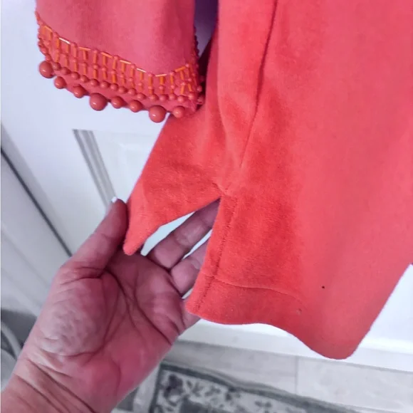 Talbots Orange Cotton V Neck Beaded with Beaded Sleeves.  Petite Medium - Picture 4 of 9